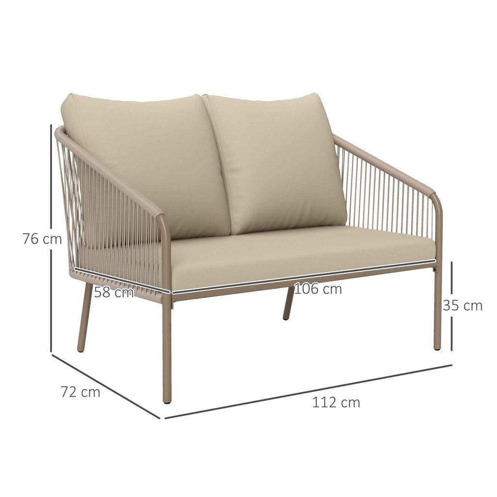 Outsunny 2-Seater Boho Style Garden Sofa in PE Rattan and Steel with Cushions, 112x72x76, Beige