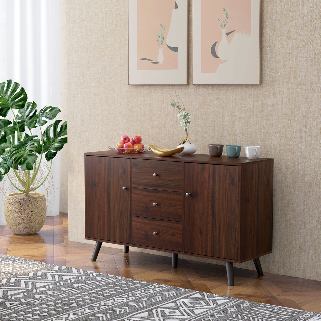 Modern Sideboard in Wood and Chipboard with 2 Cabinets and 3 Drawers, 127x40x76 cm, Brown and Black