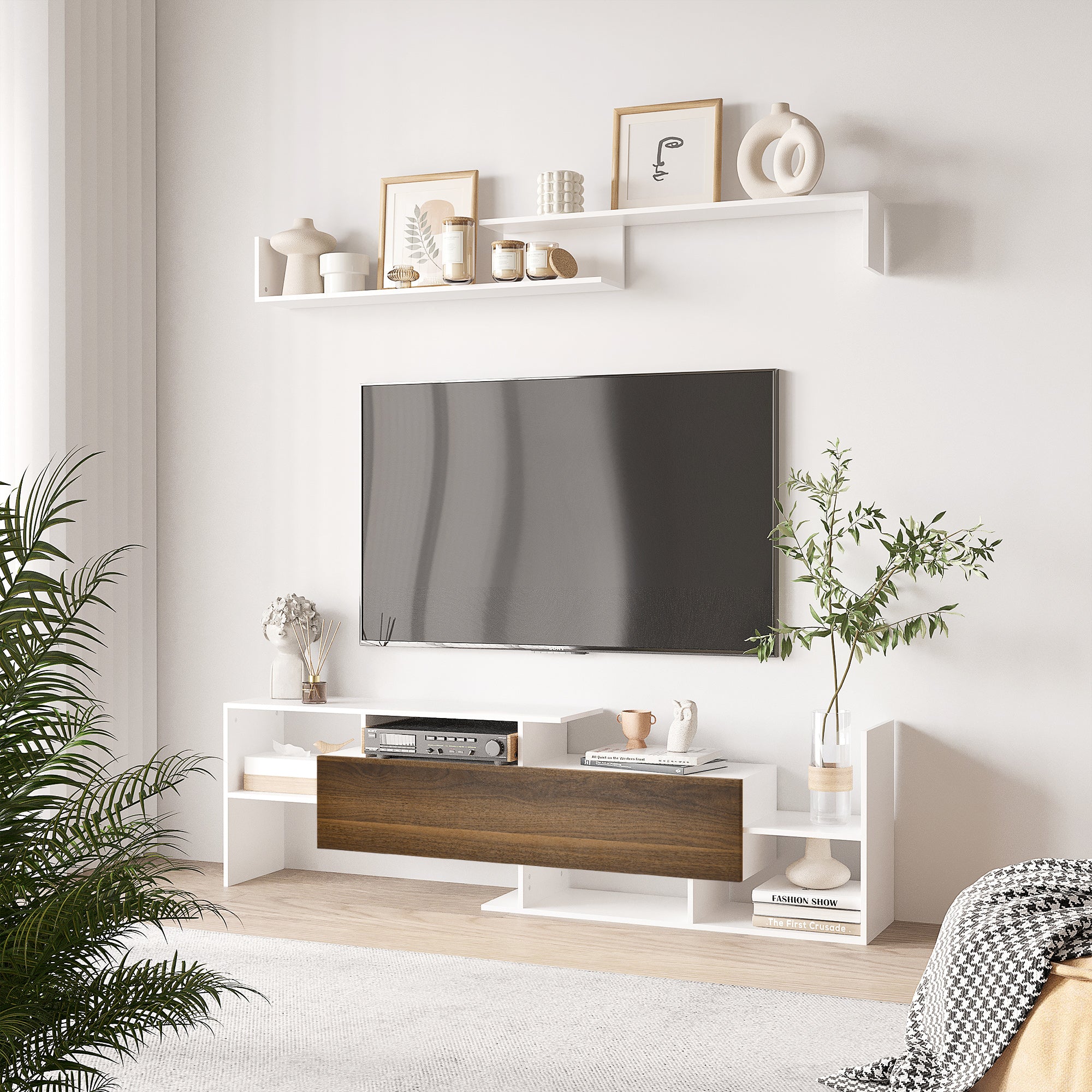 HOMCOM TV Cabinet with Wall Shelf, Open Shelves and Closed Cabinet, in White and Brown Chipboard - Borgè