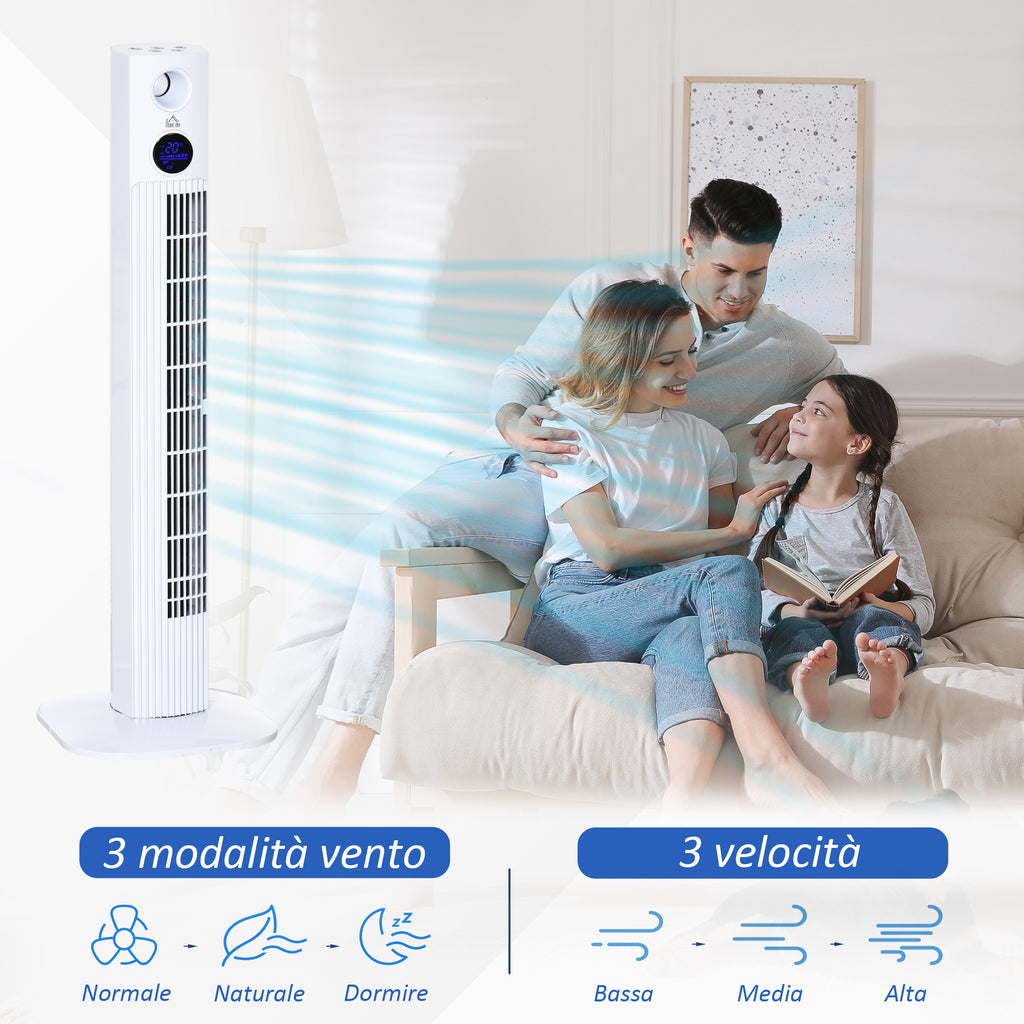 45W Tower Fan with 3 Modes and 3 Speeds with 12h Timer and Diffuser, 31.5x31.5x96 cm, White - Borgè