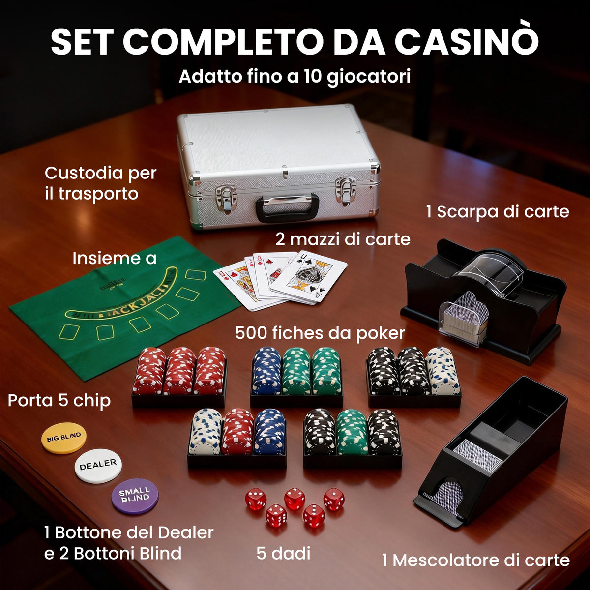 SPORTNOW Complete Poker Set with 500 Chips, Card Shuffler, Card Dispenser, Mat, 5 Dice, Silver