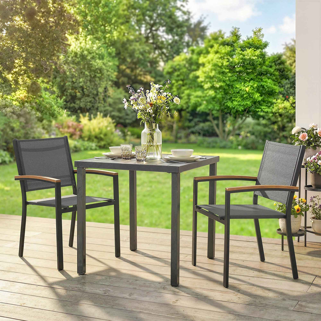 Outsunny Set of 2 Garden Chairs in Texteline and Metal with Wood Effect Armrests, 56x62x89 cm, Grey