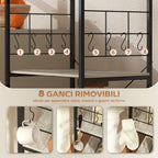 4-Tier Kitchen Shelf with Mesh Panels and 8 Hooks, Industrial Style, 60x42x134.5 cm, Oak
