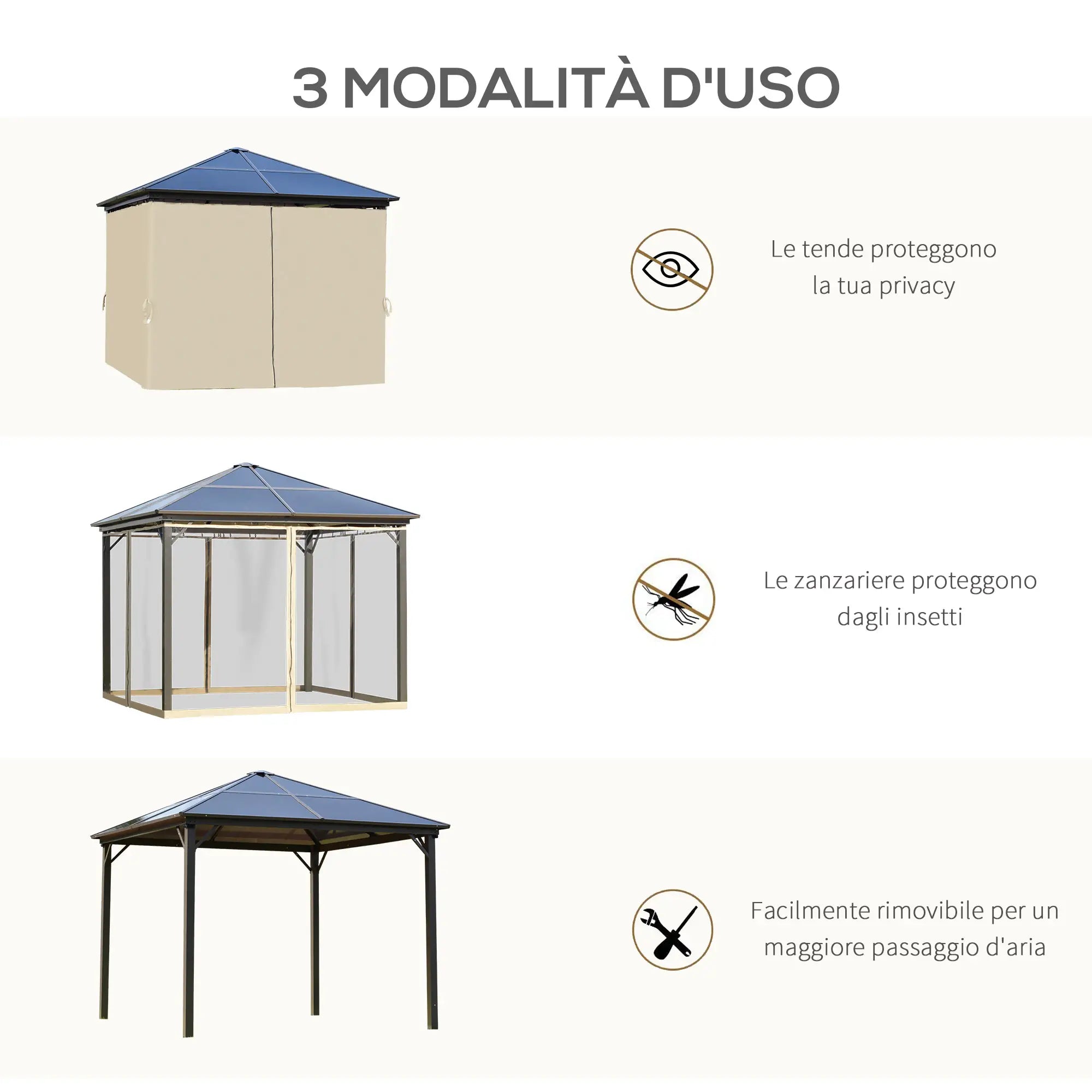 3x3m Garden Gazebo with Polycarbonate Roof and Mosquito Nets, Coffee and Khaki - Borge' Group Limited