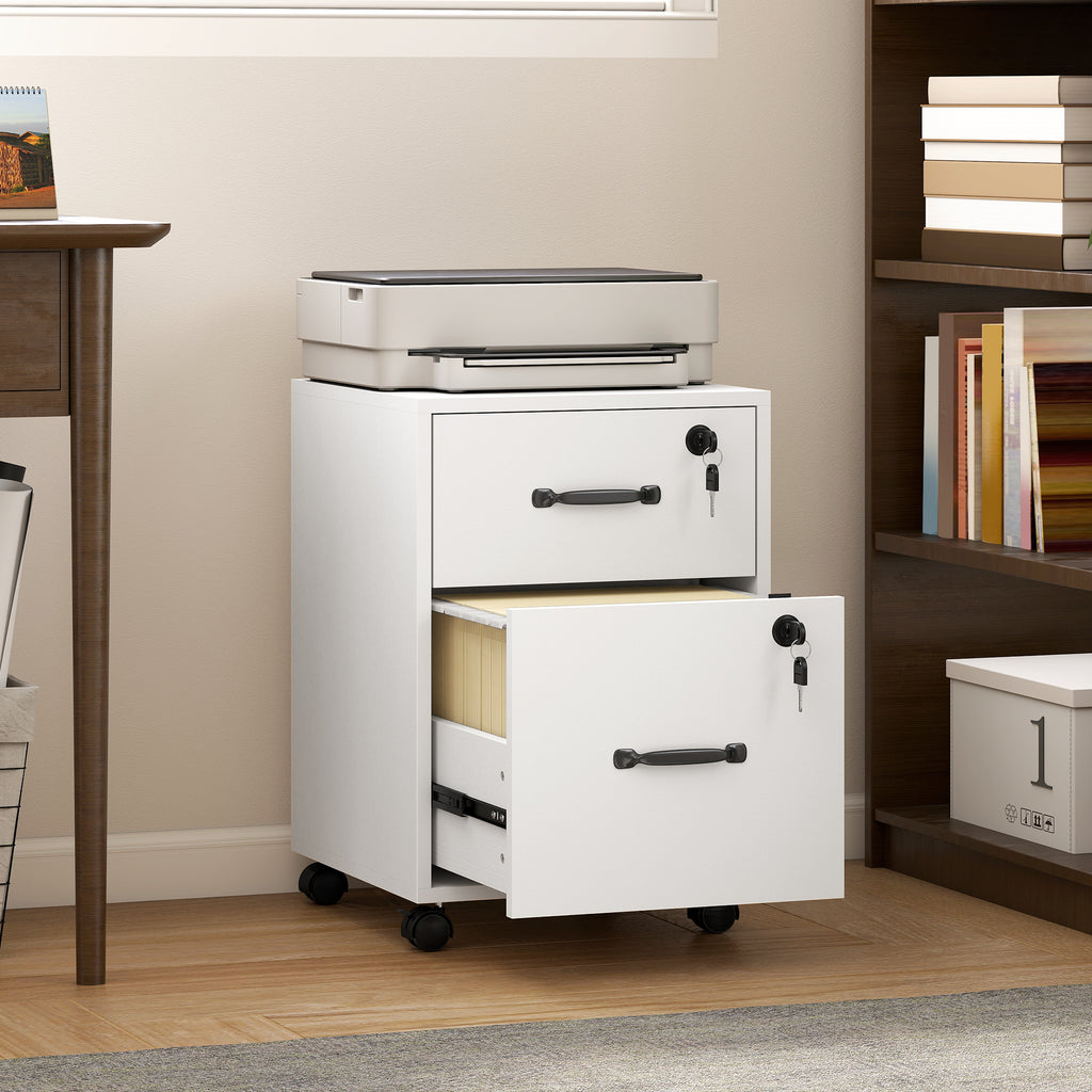 HOMCOM Office Filing Cabinet with 2 Drawers, Lockable Castors, Desk Drawer Unit for Letter/A4 Size, 40x40x54.1 cm, White
