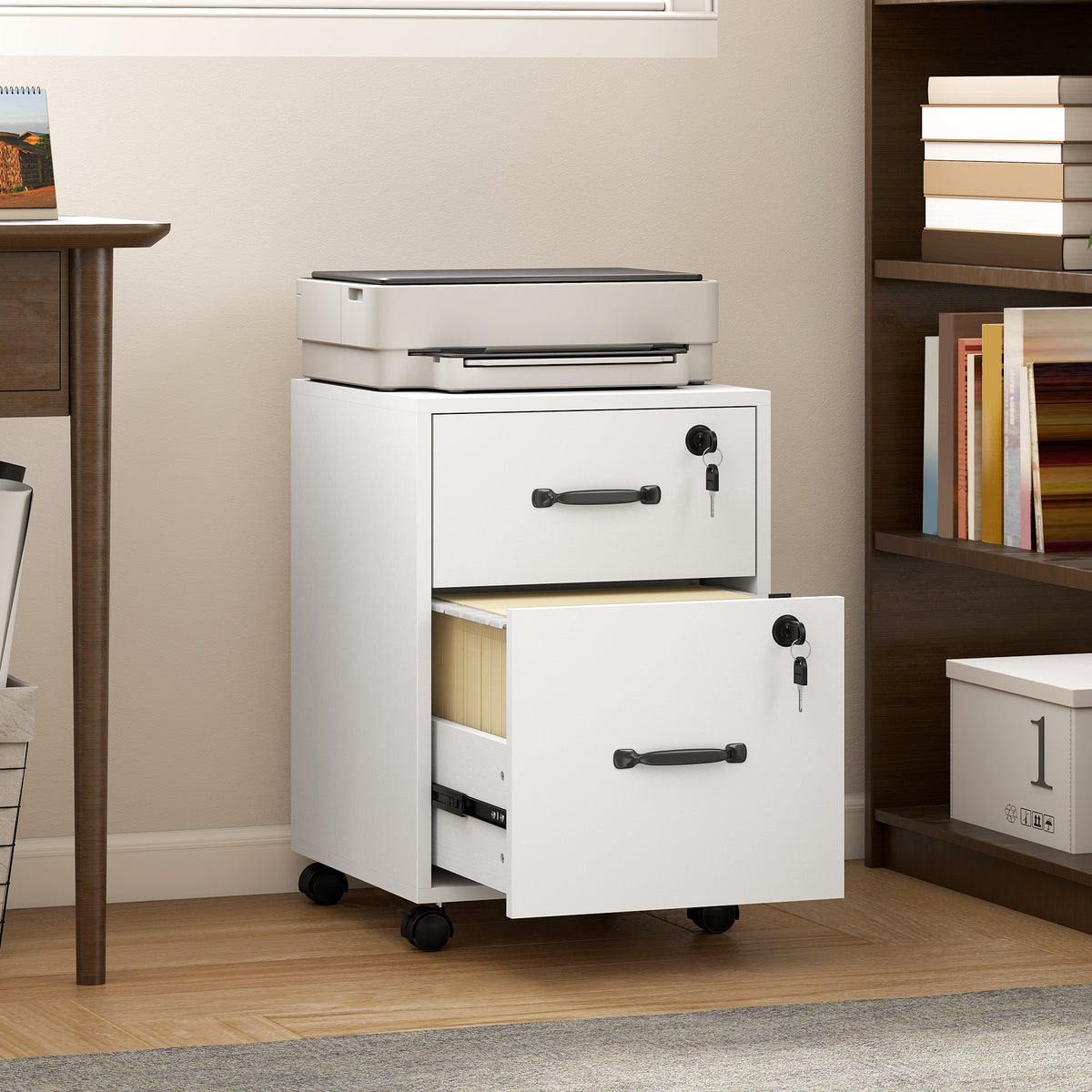 HOMCOM Office Filing Cabinet with 2 Drawers, Lockable Castors, Desk Drawer Unit for Letter/A4 Size, 40x40x54.1 cm, White
