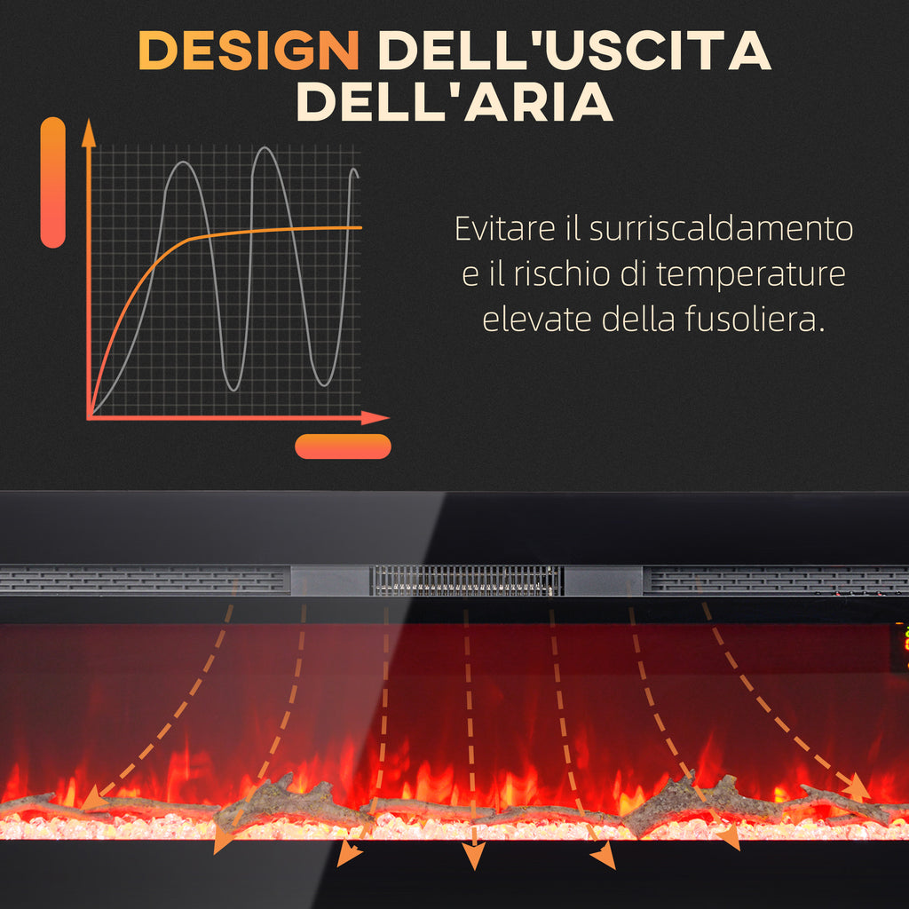 Electric Fireplace 1800W Adjustable with Remote Control, in Steel and Tempered Glass, 127x15.8x45 cm, Black