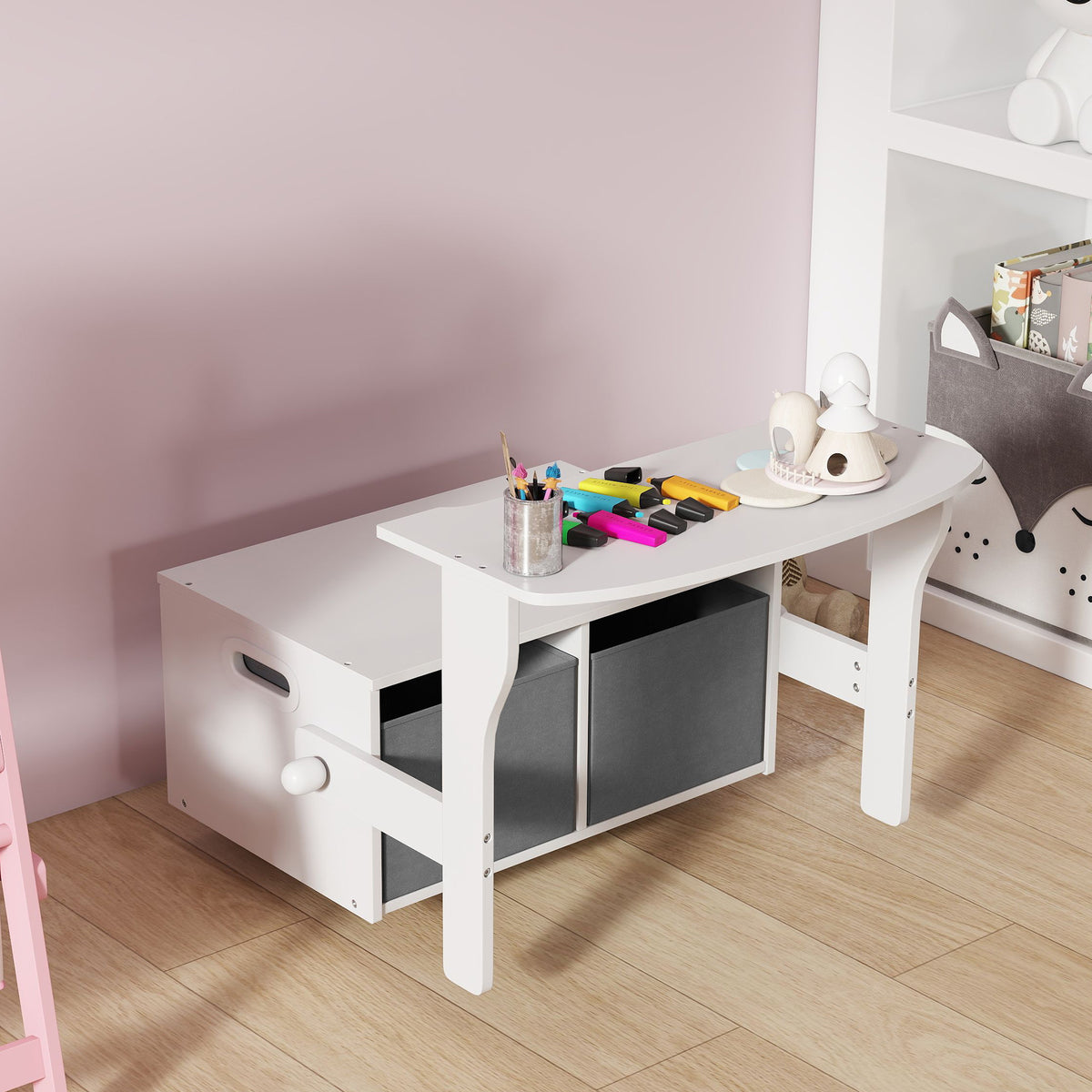 AIYAPLAY 3 in 1 Toy Bench for Children Ages 3-6, Convertible to Table and Chair with 2 Storage Bins, White