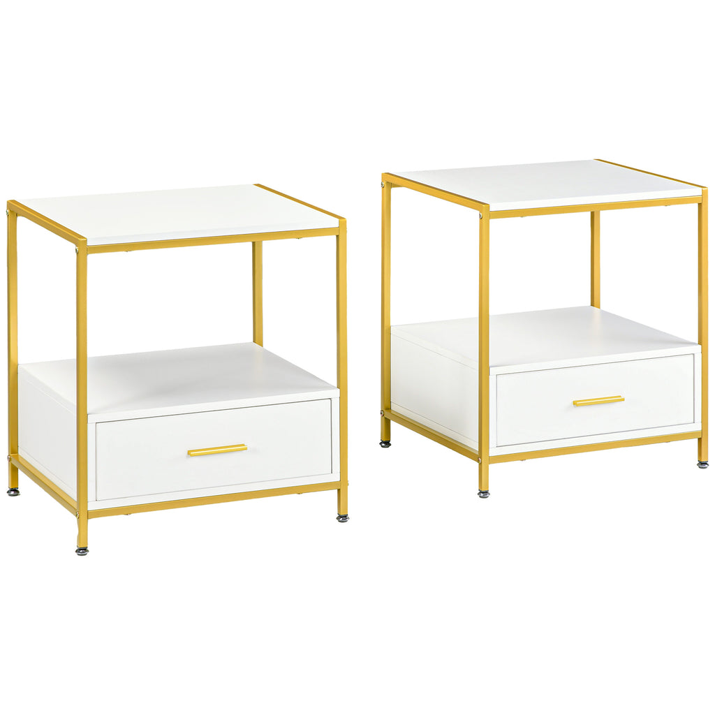 Set of 2 Modern Nightstands with Drawer and Open Shelf, 50x40x55cm, White and Gold