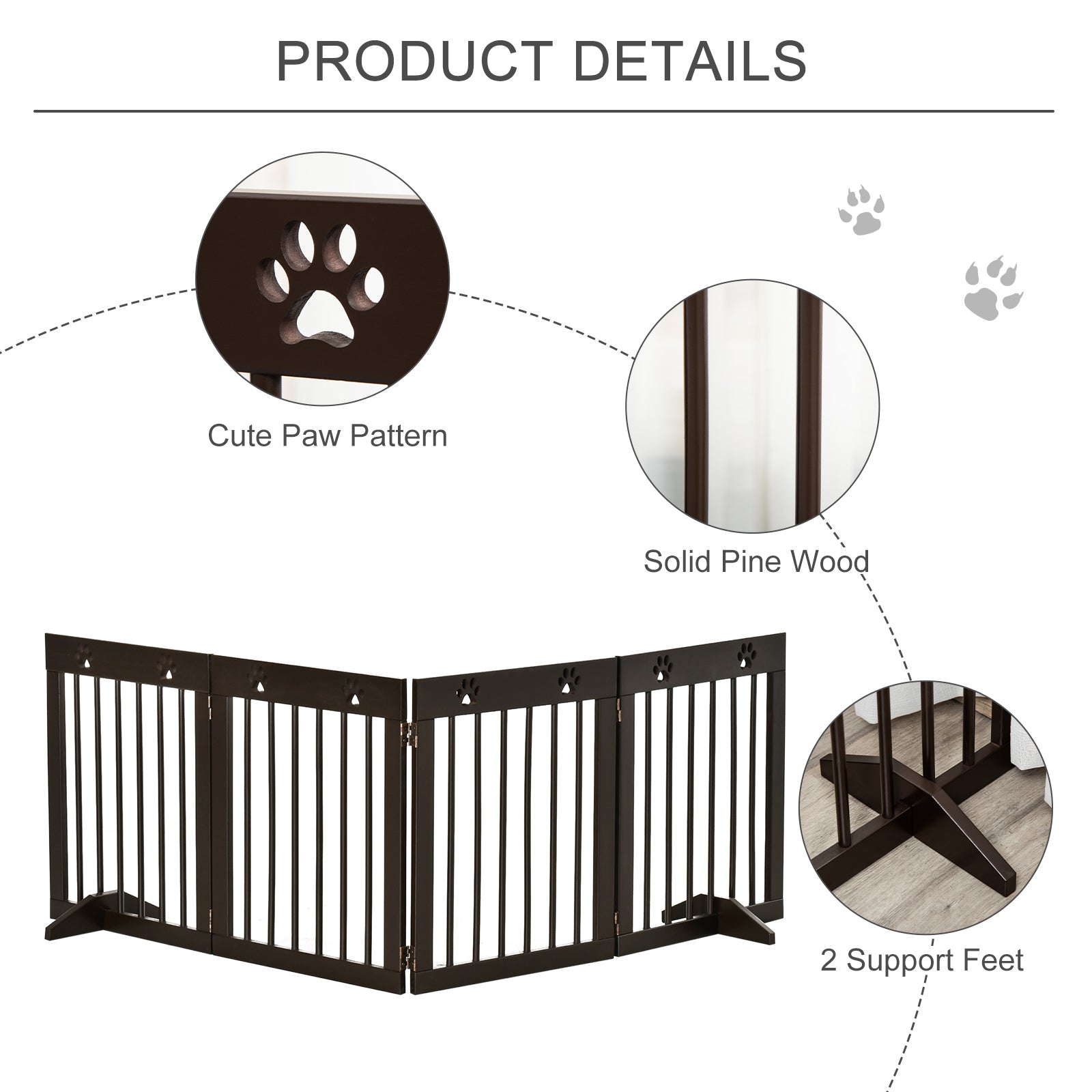 PAWHUT Dog gate small folding size, pine wood, 204x30x61 cm, brown - Borgè