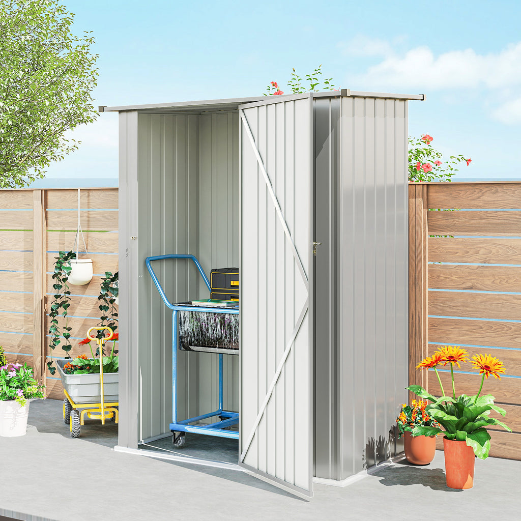 Outsunny Metal Tool Shed with Sloped Roof and Lockable Door, 142x86x189 cm, Silver