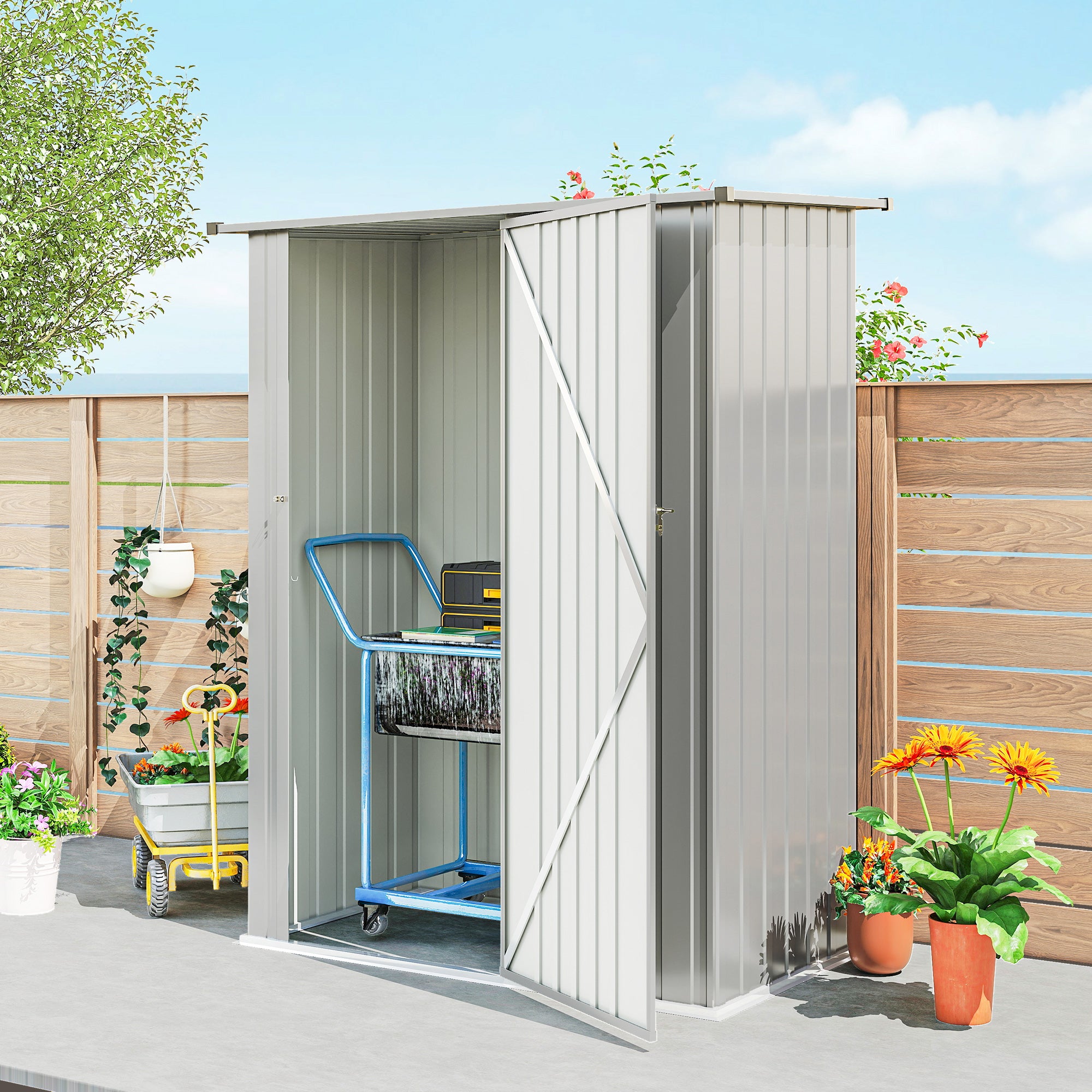 Outsunny Metal Tool Shed with Sloped Roof and Lockable Door, 142x86x189 cm, Silver