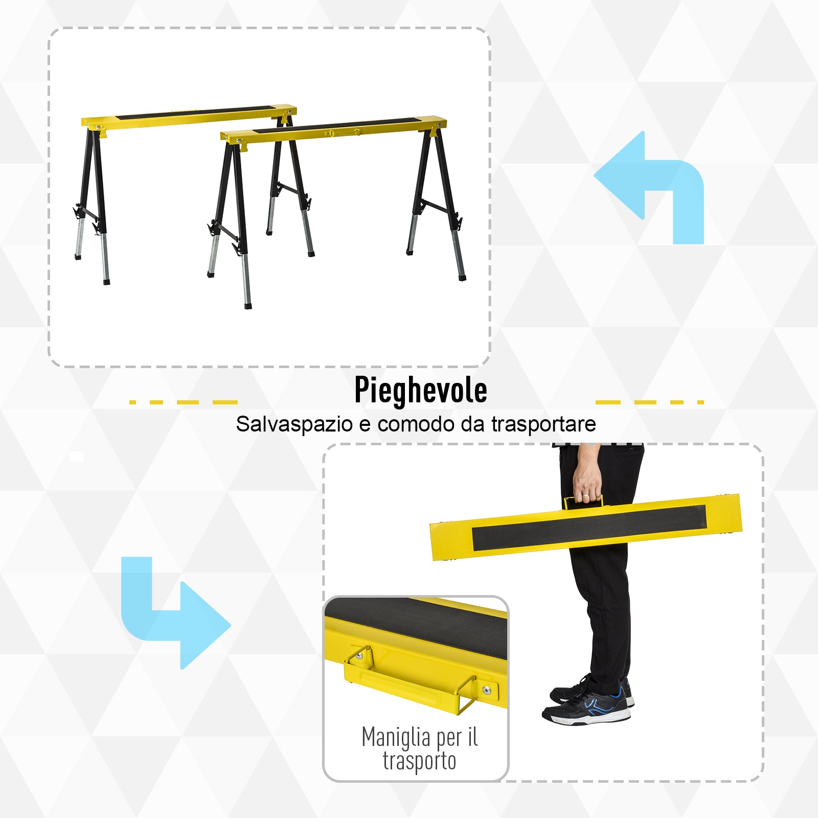 Set of 2 Folding and Portable Work Stands with Non-Slip Worktop, Yellow and Black, for DIY