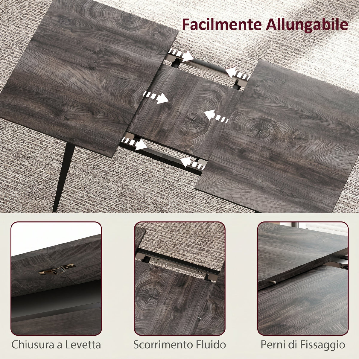 HOMCOM Extendable Dining Table for 6-8 People, 120-160x75cm Extendable Kitchen Table with Wood Effect Top, Steel Legs