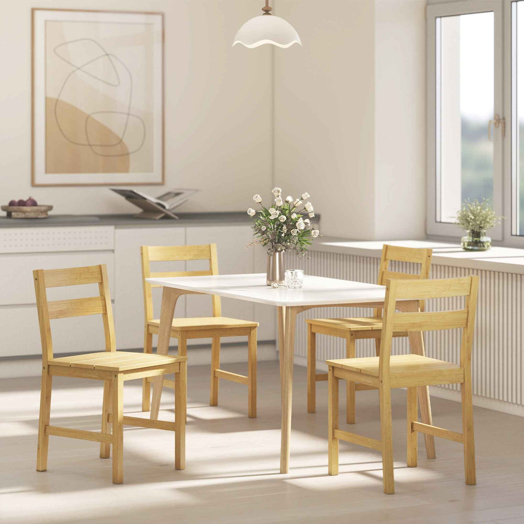 Set of 2 Bamboo Dining Chairs with Curved Backrest and Slatted Seat, Natural Wood Color