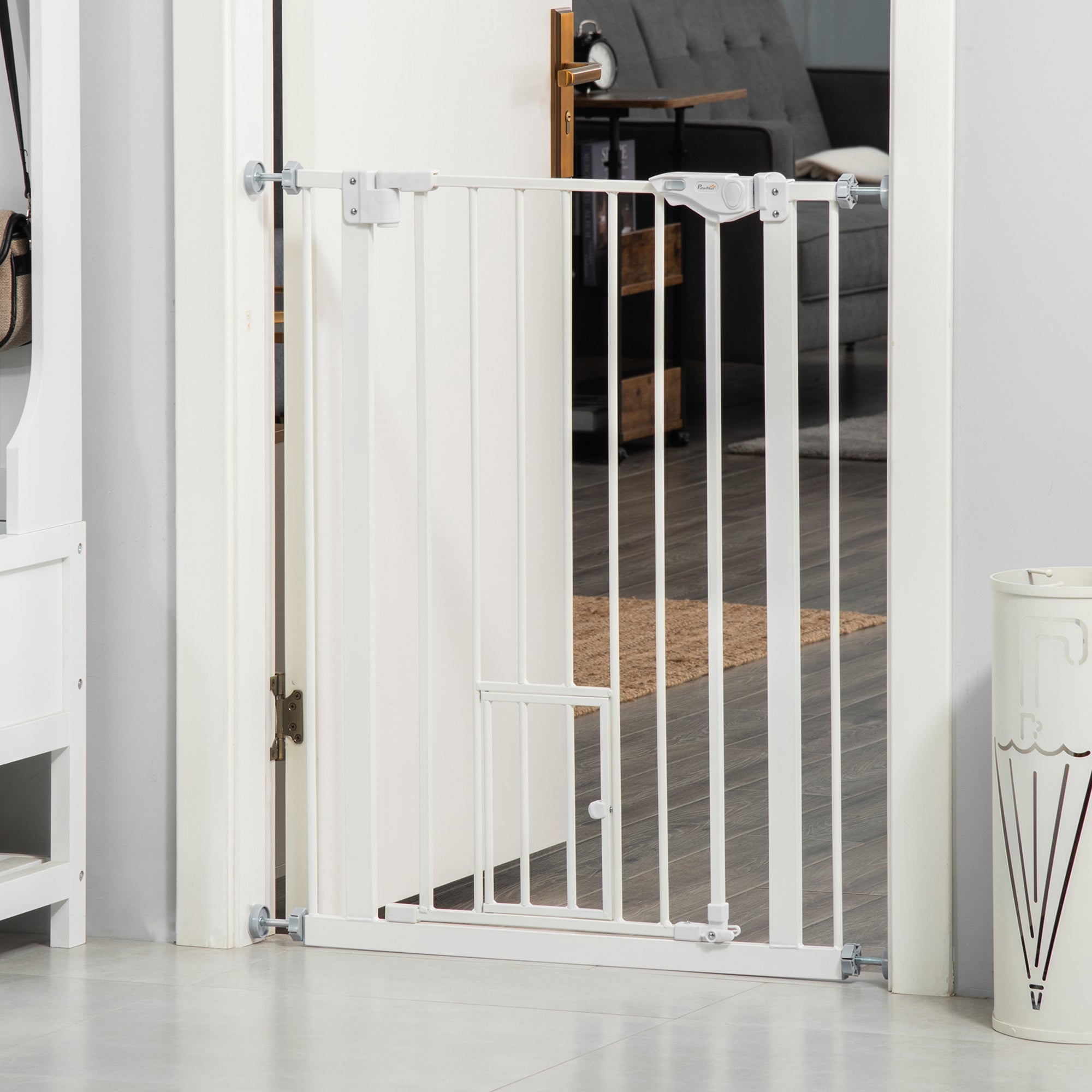 Dog Gate with Small Door, Pressure Fit and Self-Closing, 74-80x91.4cm, White