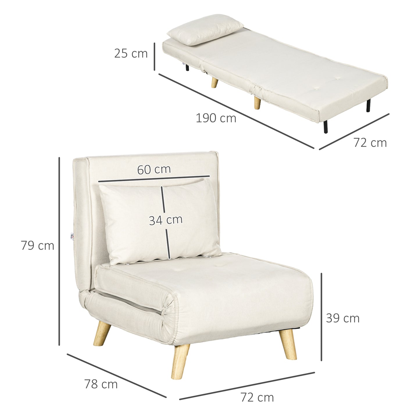 Sofa Bed 2 in 1 with Adjustable Backrest and Cushion, in Linen Effect Fabric, 72x78x79cm