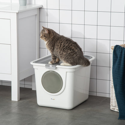 Double-Entrance Closed Cat Litter Box with Tray and Scoop, Made of PE Plastic, 44x55x39 cm, White