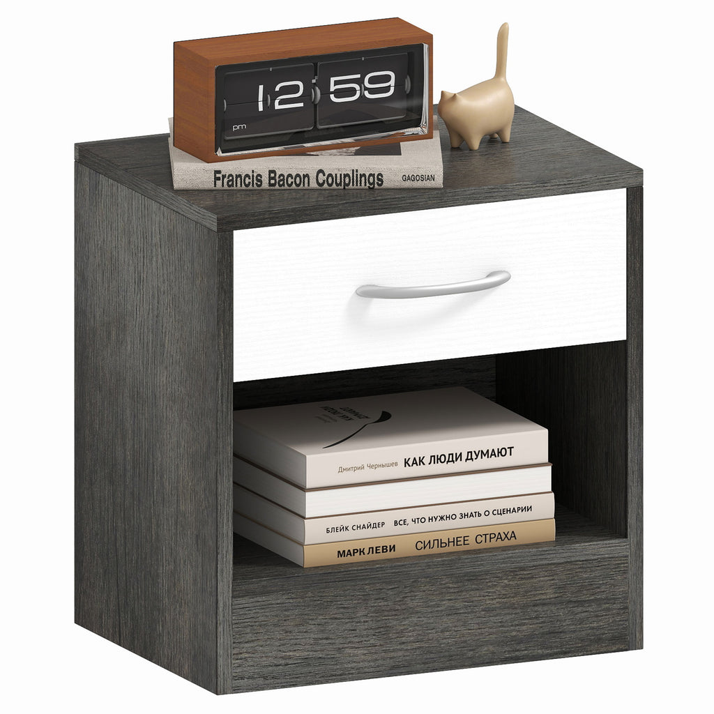Modern Bedside Table with Open Shelf and Drawer, Wooden, 39x28x41 cm, White and Dark Grey