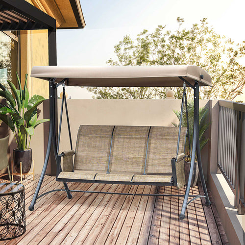 3-Seater Garden Swing with Adjustable Canopy and Storage Pockets, Brown, 196 x 128 x 172 cm