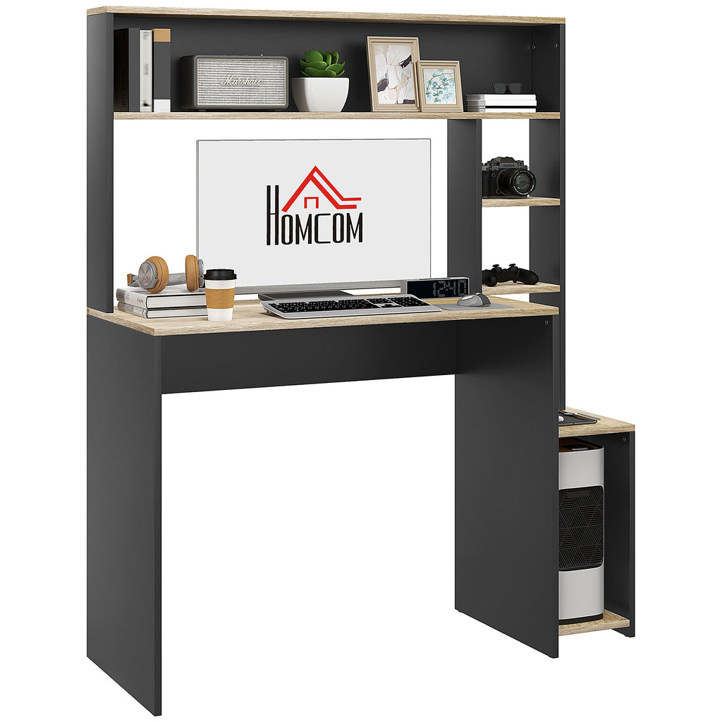 HOMCOM Modern Desk with Shelves and Wooden CPU Support, 114x45x138cm, Gray and Natural Wood - Borgè