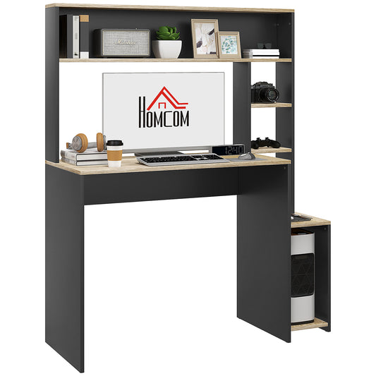 HOMCOM Modern Desk with Shelves and Wooden CPU Support, 114x45x138cm, Gray and Natural Wood