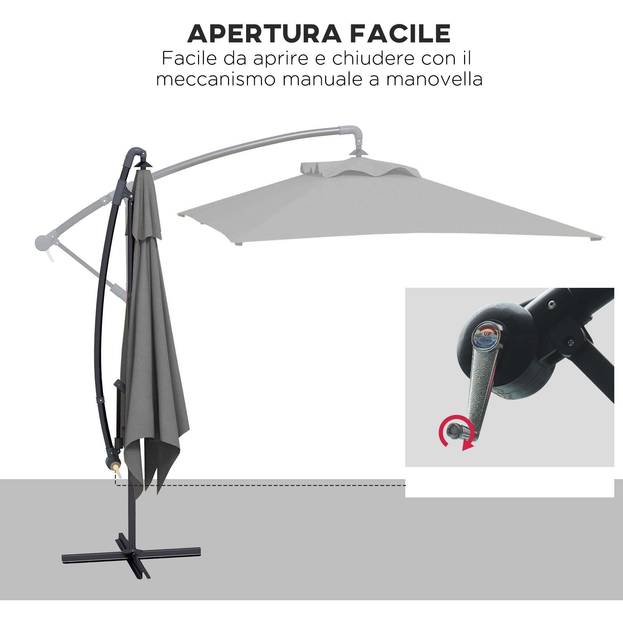Decentralized Garden Umbrella with Cross Base and Crank Opening, 294x193cm, Gray - Borgè