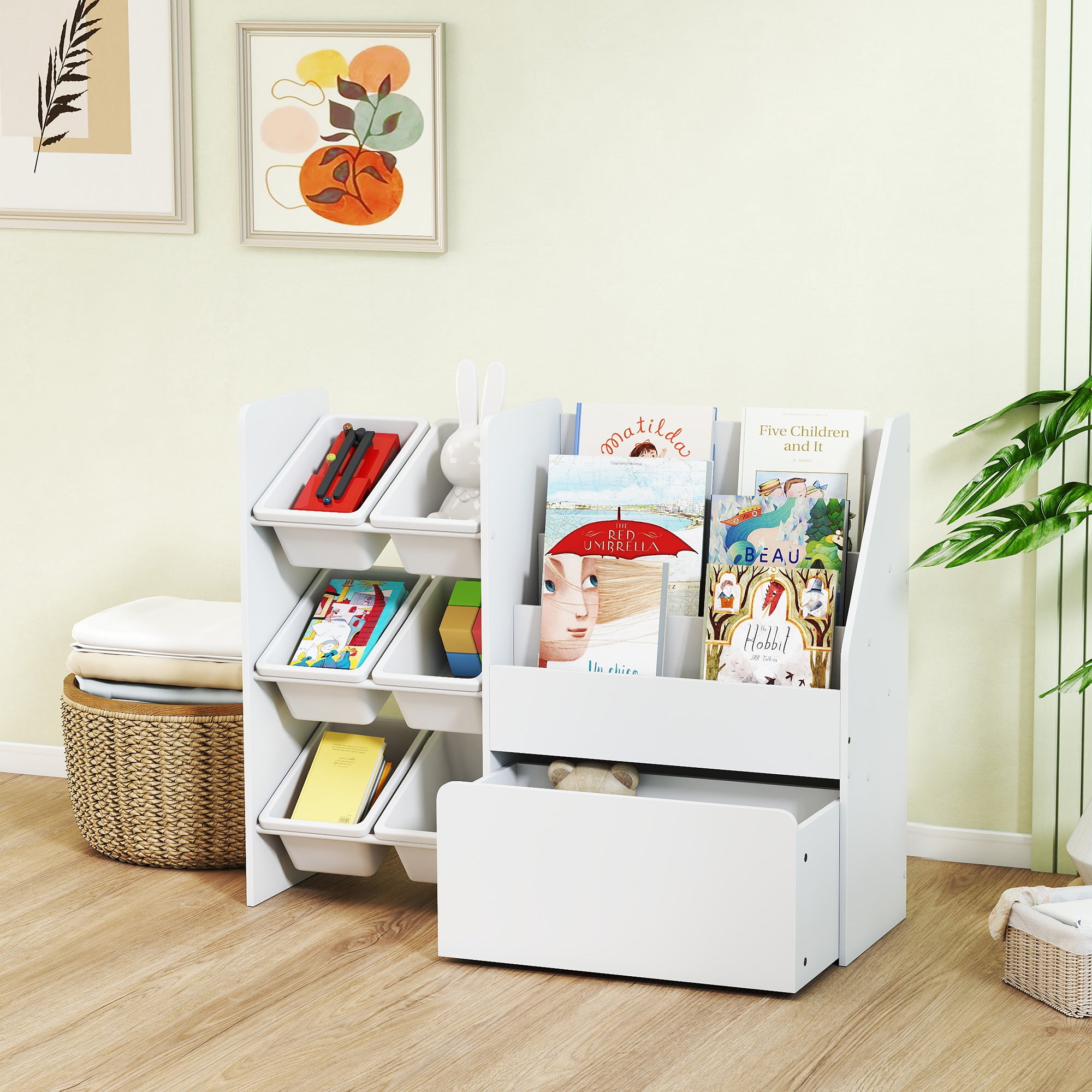 Toy Storage Shelf with 6 Baskets, 3 Shelves and Bottom Box, Made of Wood, Plastic and Steel, 100x30x80 cm, White
