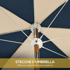 Round and Tilting Umbrella with 8 Ribs with Crank, in Polyester and Steel, Ø213x234 cm, Blue and Beige