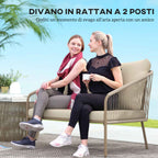 Outsunny 2-Seater Boho Style Garden Sofa in PE Rattan and Steel with Cushions, 112x72x76, Beige