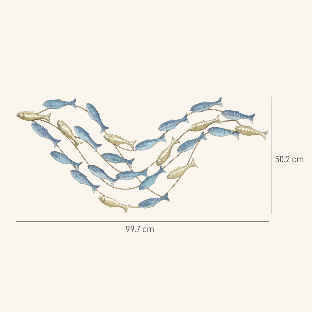 HOMCOM Metal Fish Wall Art with Screws Included, 99.7 x 3.8 x 50.2 cm, Gold and Blue