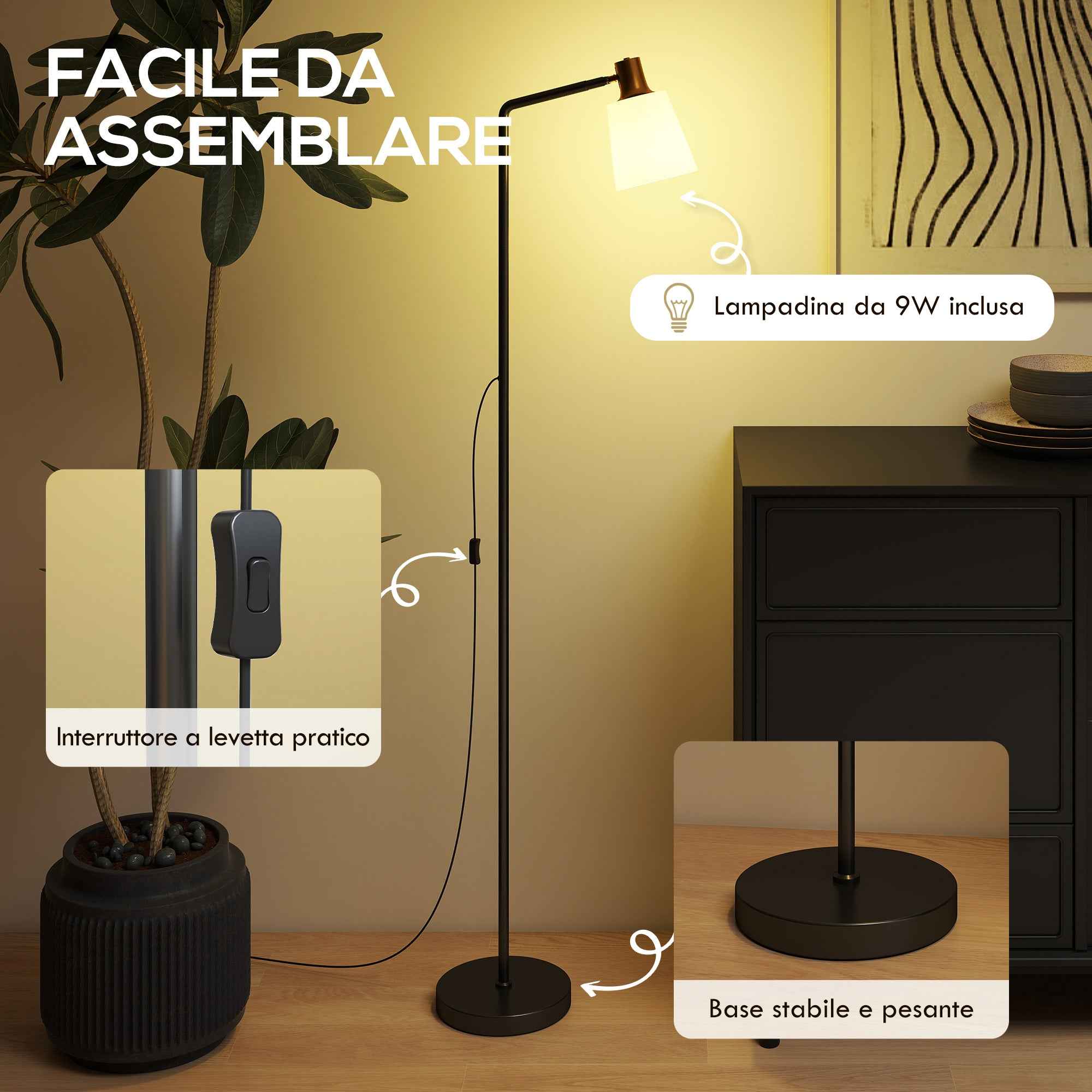 HOMCOM LED Floor Lamp with 350° Swivel Head, 3000K/4000K/6500K Color Temperature Adjustment, Black