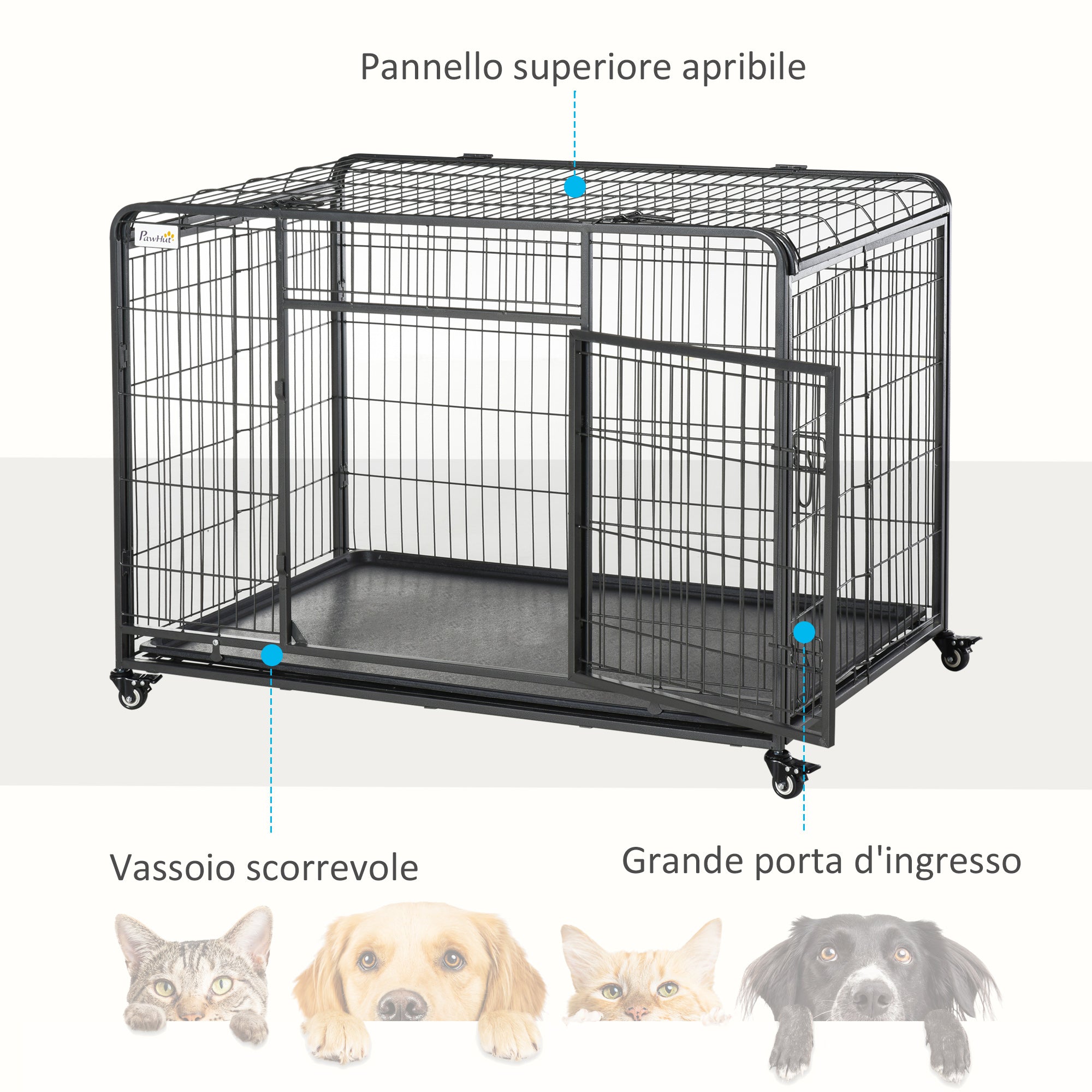 Kennel Folding Dog Cage Double Door with Lock 4 Wheels with Brake and Removable Bottom, 125x76x81cm