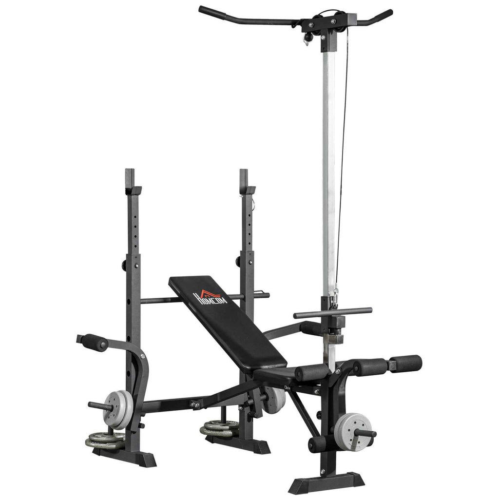 HOMCOM Fitness Bench with Leg Press, Squat Rack and Leg Extension, Steel and PU, 180x134x200 cm, Black and Silver