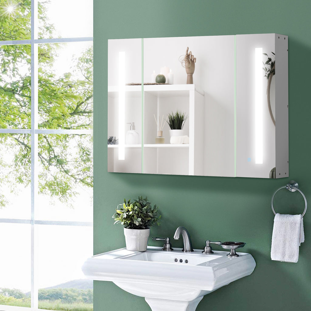 kleankin Bathroom Mirror Cabinet with 3 Cabinets, 3 Shelves and LED Light, 90x15x65 cm, White - Borgè