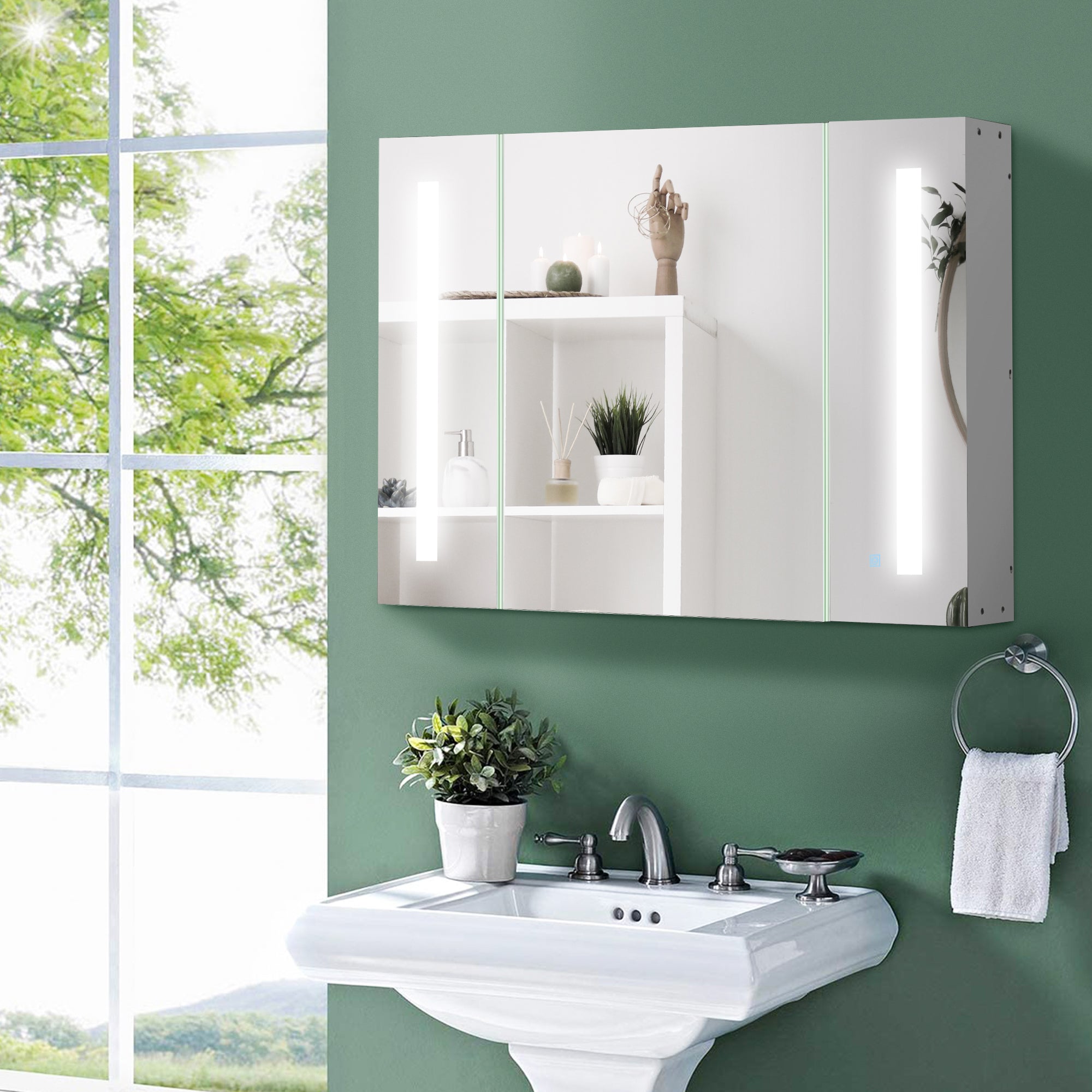 kleankin Bathroom Mirror Cabinet with 3 Cabinets, 3 Shelves and LED Light, 90x15x65 cm, White - Borgè
