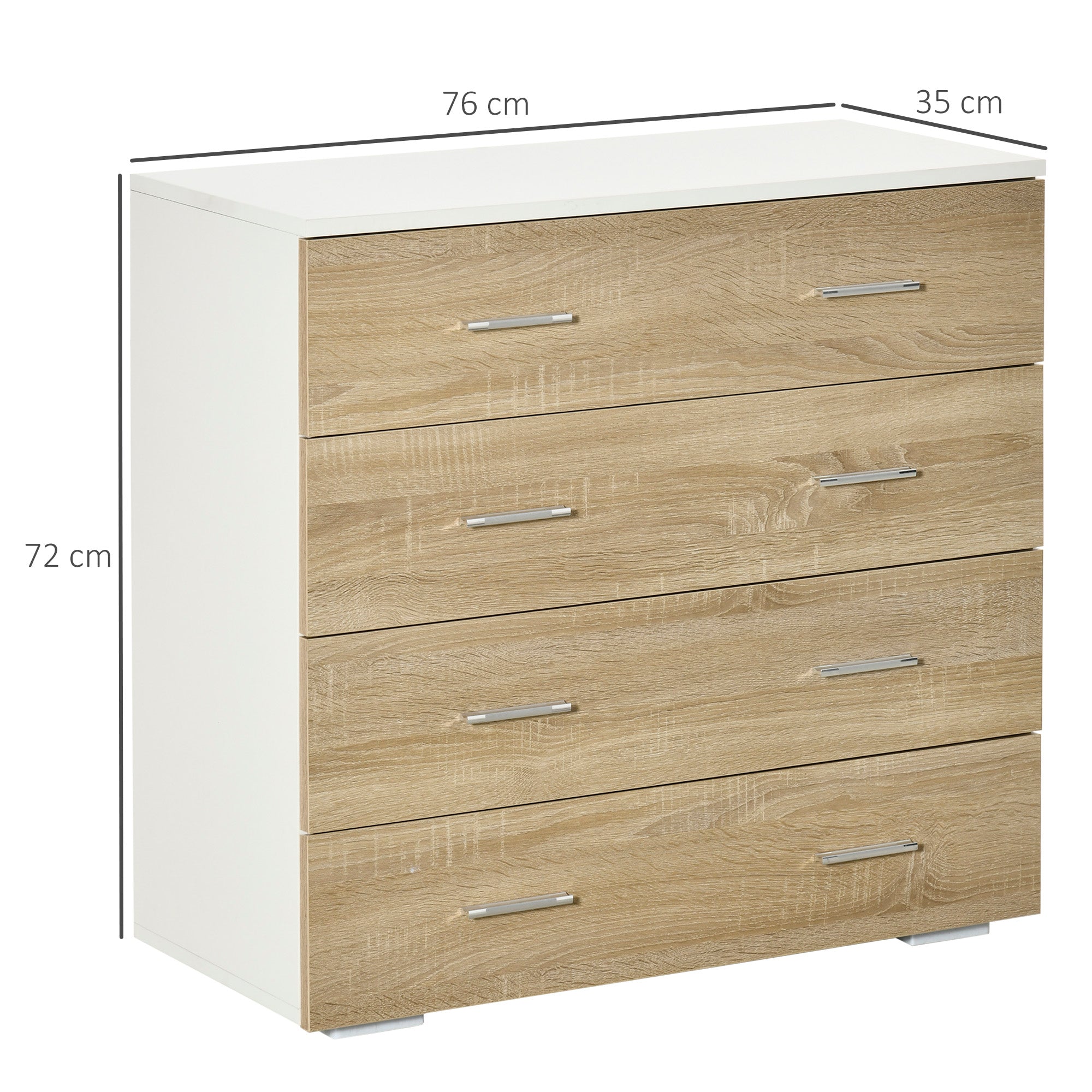 Chest of 4 Wooden Drawers and Aluminum Handles, 76x35x72cm, White and Oak
