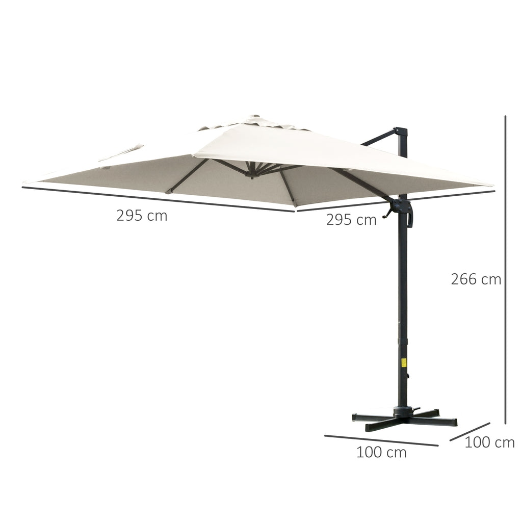 3x3m Cantilever Umbrella Tiltable with Crank and Cross Base, in Steel and Polyester, Cream White