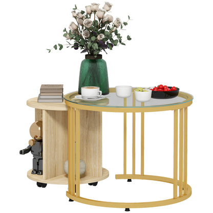 Set of 2 Round Coffee Tables with Stackable Design, 4 Lower Shelves and 4 Wheels, Gold and Oak - Borgè