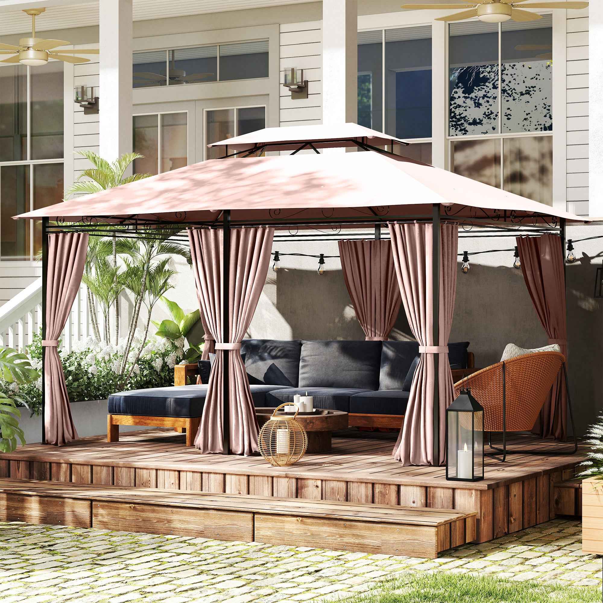 Outsunny 4x3m Garden Gazebo with Double Roof and Side Awnings in Steel and Polyester, Khaki Color