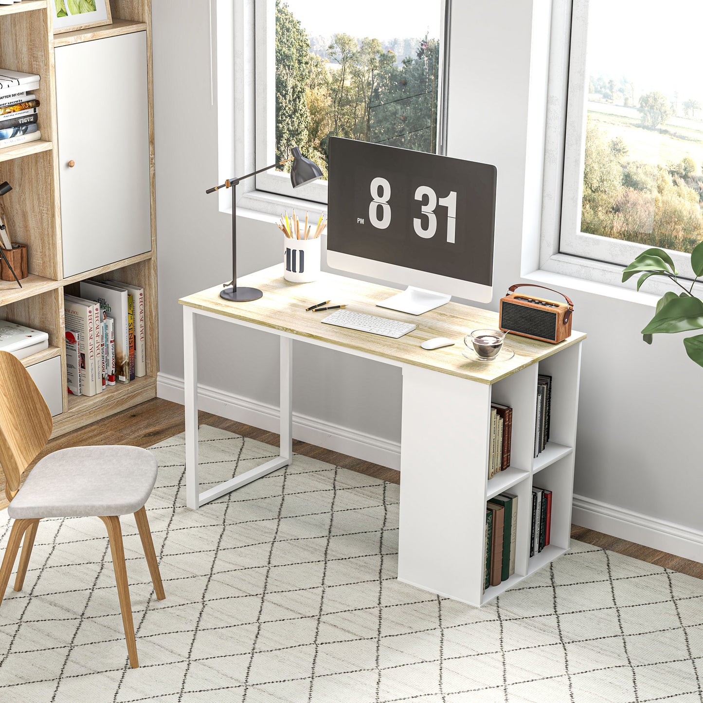 Space-Saving Computer Desk with 4 Open Shelves, Wood and Steel, 120x54x75 cm, White and Oak