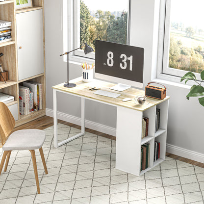 Space-Saving Computer Desk with 4 Open Shelves, Wood and Steel, 120x54x75 cm, White and Oak