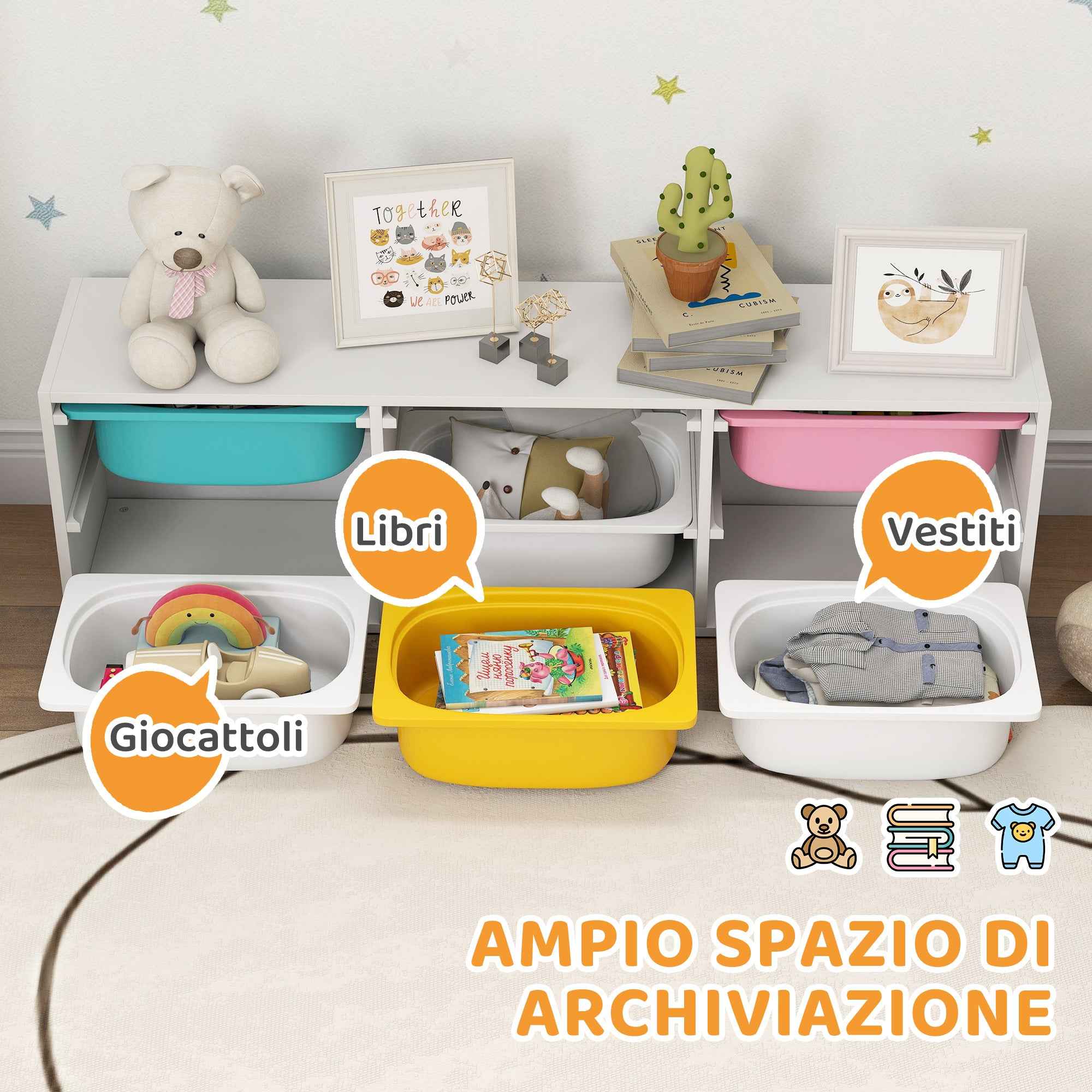 AIYAPLAY Children's Wooden Toy Storage Shelf with 6 Removable Plastic Bins, Multicolor