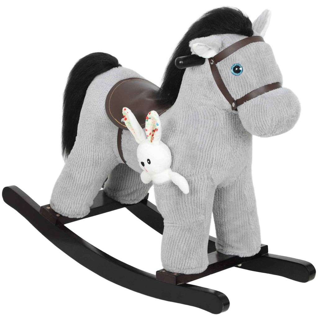 AIYAPLAY Rocking Horse with Sounds for Children 2-5 Years and Plush Animal Included, Wood and Steel, Grey