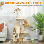 PawHut Cat Tower with House, Perch, Platforms and 4 Hanging Mice, 60x35x134 cm, Beige