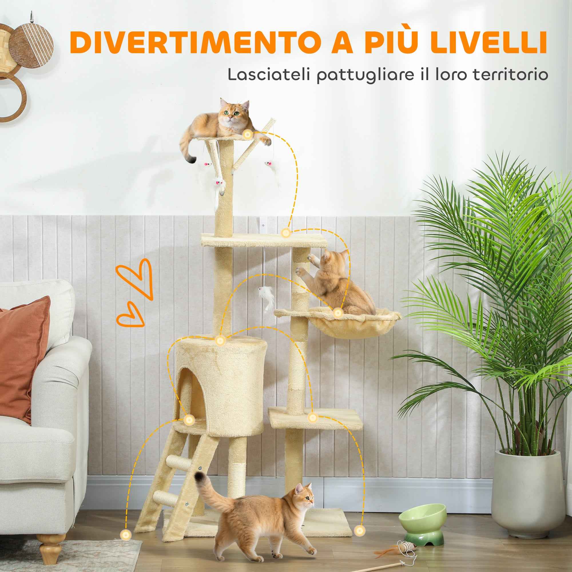 PawHut Cat Tower with House, Perch, Platforms and 4 Hanging Mice, 60x35x134 cm, Beige