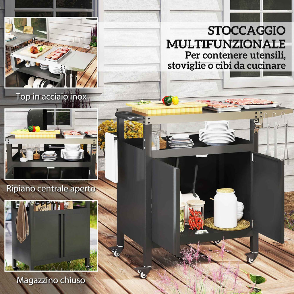 Outsunny Stainless Steel Barbecue Cart with Cabinet, Open Shelf and Side Table, 116x50x93 cm, Black