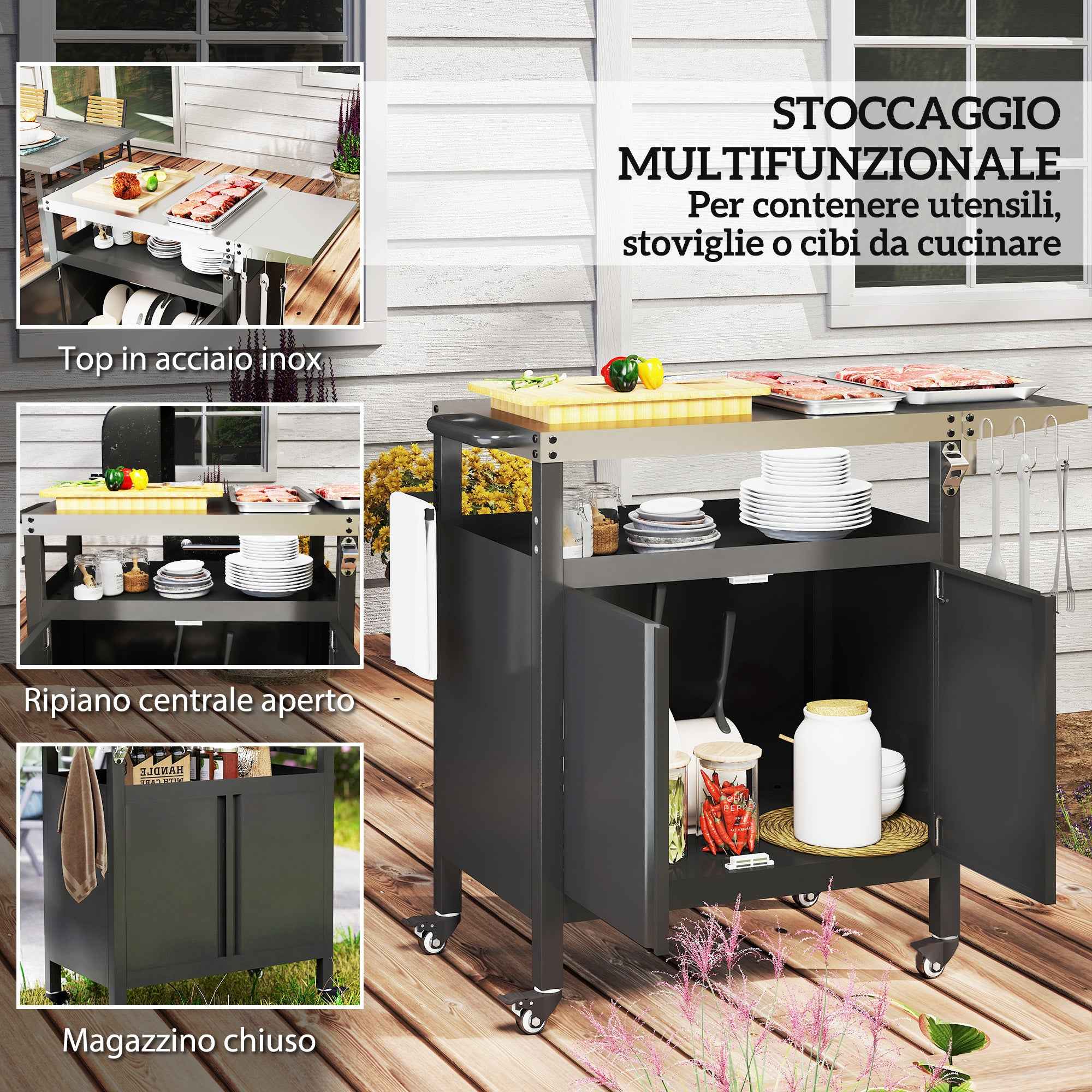 Outsunny Stainless Steel Barbecue Cart with Cabinet, Open Shelf and Side Table, 116x50x93 cm, Black