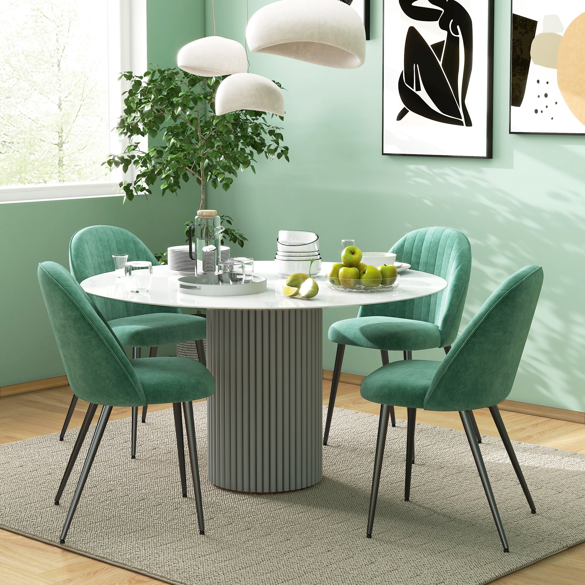 HOMCOM Set of 4 Modern Padded Chairs with Curved Back, in Velvet Effect Fabric and Steel, 50x52x83 cm, Green - Borgè