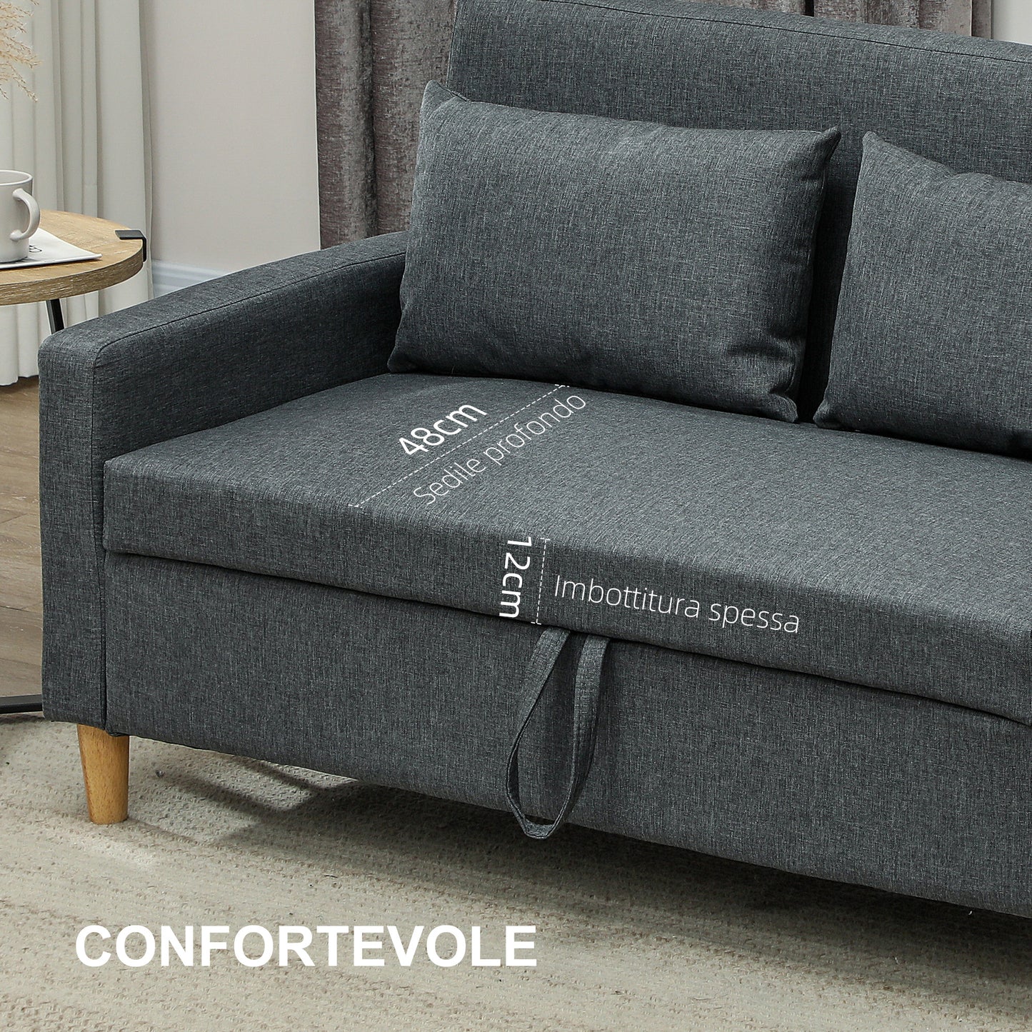 2 Seater Sofa with Storage Space and Cushions, in Linen and Wood Effect Fabric, 135x72x84 cm, Charcoal Grey